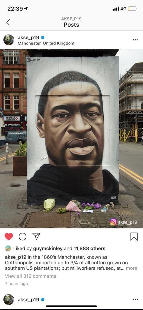 IFlovesMCR.  Fantastic mural by talented young Mancunian Aske reflects the strength of support in our city for protests in US.  Aske also working on @RFKHRUK Human Rights with our favourite primary school <a href="/TheJourneyM/">Sacred Heart RC Primary School: Westhoughton</a> <a href="/nwccc1/">NWCCC</a> next month. Bring it on.