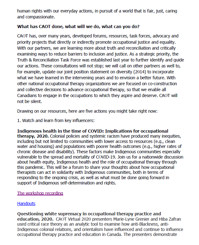 CAOT_ACE's tweet photo. Read our statement and access relevant #OT365 resources like the 'Questioning white supremacy in occupational therapy practice and education session' from #CAOT2020.

No silence in the face of inequality and injustice- https://t.co/AwgNJWpbwn https://t.co/vgJ2Lln5jD