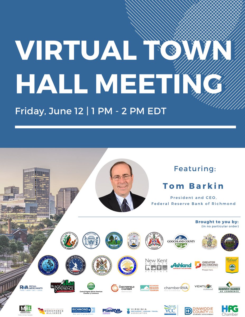 Please join ChamberRVA in welcoming Tom Barkin, President and CEO of the Federal Reserve Bank of Richmond, for a conversation on the economy, recent Fed actions, and prospects for recovery!

When: Friday, June 12 | 1:00 PM - 2:00 PM EDT

Register here: bit.ly/3czipgu