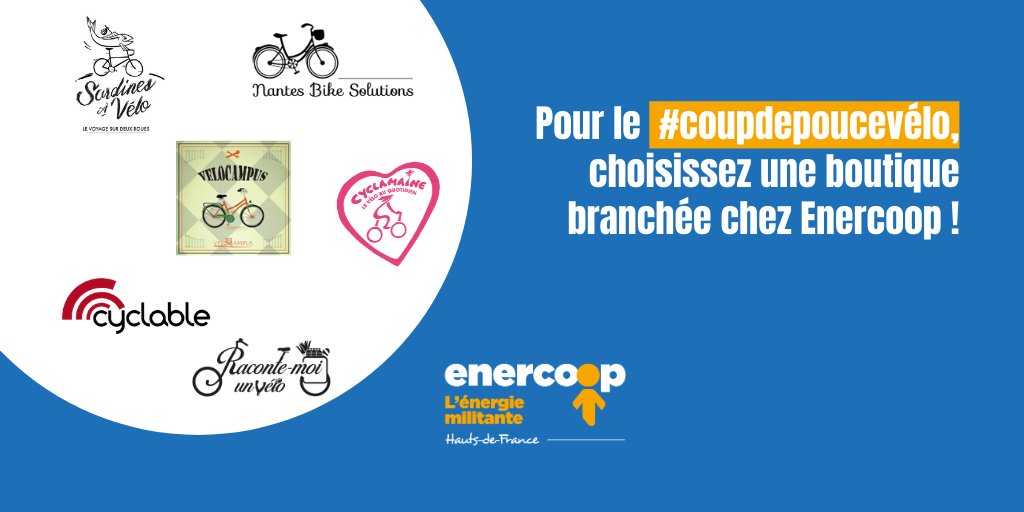 Remettez-vous en selle avec l'opération #coupdepoucevélo ! 🚲

Pour bénéficier de la prime réparation de l'État, favorisez les boutiques branchées chez @Enercoop_SCIC ⚡️

Parmi eux : <a href="/nantes_bike/">nantes bike</a> <a href="/sardinesavelo/">Sardinesavélo</a> <a href="/un_velo/">Raconte-moi un vélo</a> <a href="/reseauCyclable/">Cyclable</a> <a href="/assoVelocampus/">Vélocampus</a> <a href="/cyclamaine/">Cyclamaine</a>