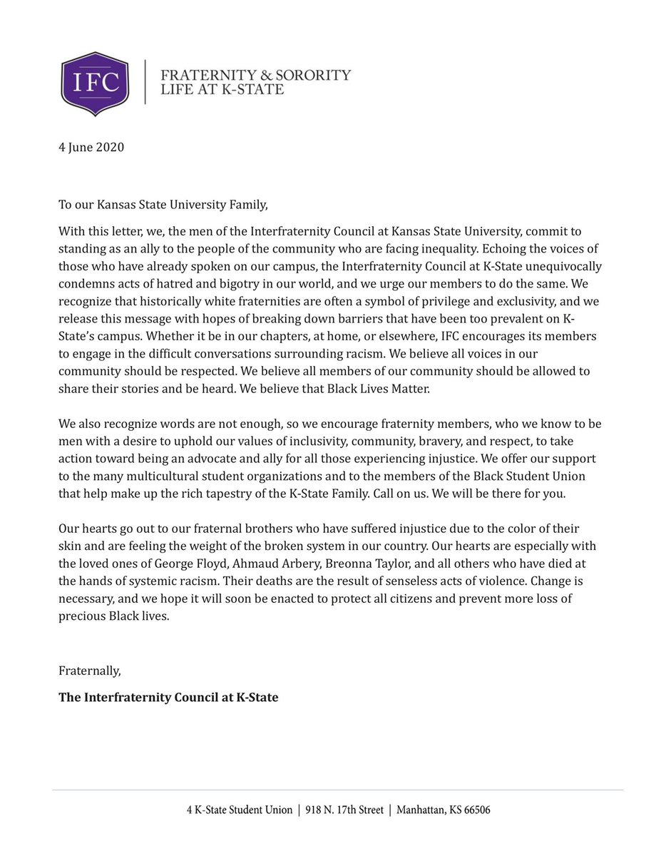 IFCatKState's tweet photo. A Statement from the Interfraternity Council at Kansas State. https://t.co/aItSy7fyw7