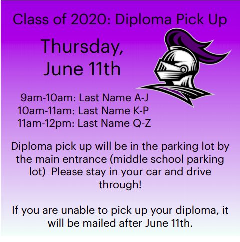 Now that you’ve been certified as <a href="/RRHSRoyalty2020/">RRHS Class of 2020</a>  graduates, comes the actual diploma! We’ve been authorized to allow an in-person pickup June 11th. They will be mailed after that date for anyone unable to attend. Details on graphic.