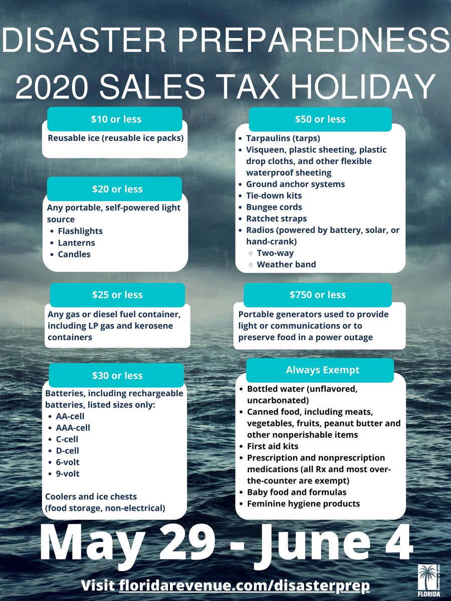 FloridaRevenue's tweet photo. Today is the last day qualifying #DisasterPrep items are exempt from sales tax! #HurricaneSeason #FL #DisasterPrep2020 https://t.co/6yclFysL7h