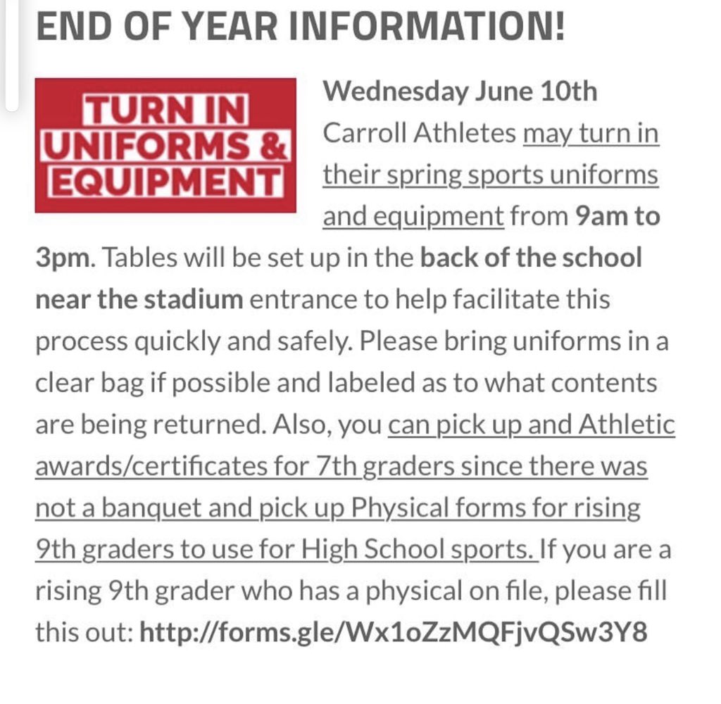 ‼️ATTENTION ATHLETES‼️
Important Information for June 10th 
Bring Uniforms in Clear Bag &amp; Labeled
Pick up Awards
Rising 9th Grade Physical Pick Up