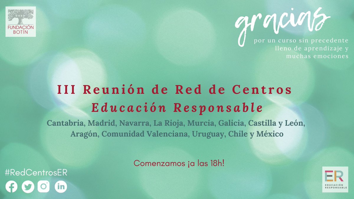 Comienza el encuentro internacional de la Red de Centros #EducaciónResponsable para despedir este curso sin precedente, lleno de aprendizaje y muchas emociones. ¡¡GRACIAS a todos por hacerlo posible!! #RedCentrosER