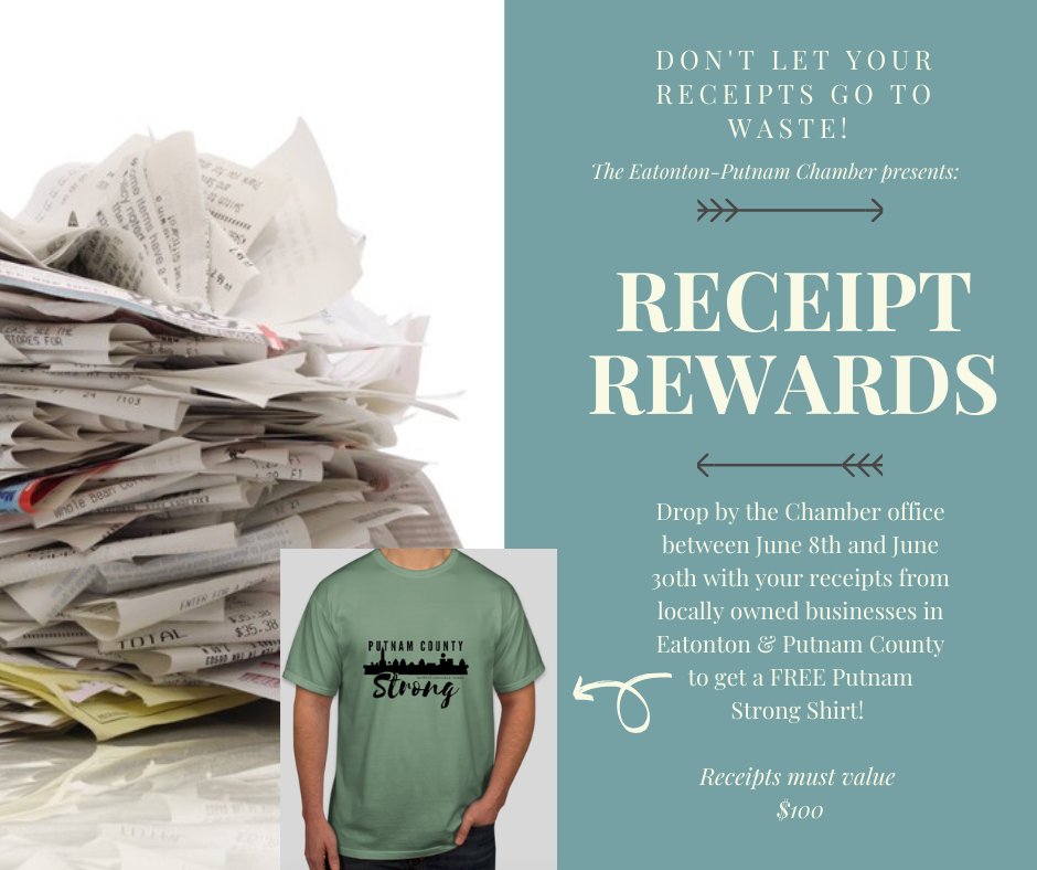 Who is ready for a REORDER of the Putnam Strong Shirts?! 

Except this time, we've added a fun twist!

You get the option to either purchase your shirts directly from the Chamber like before OR you can participate in the Receipt Rewards Program!

Contact our office for more info!