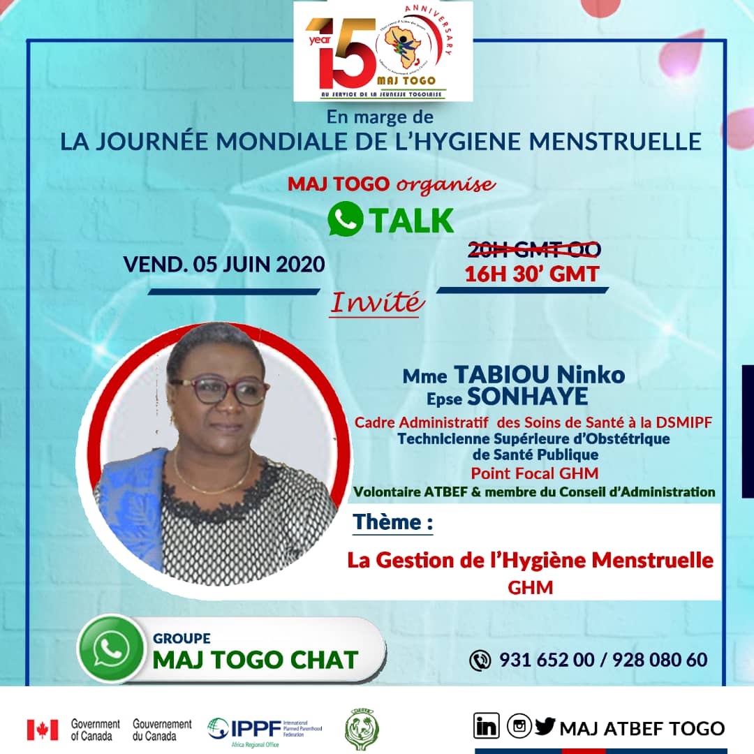 Le MAJ TOGO organise un wathsapp TALK. Rejoignez nous demain 5 juin 2020 à partir de 16h30 sur la plateforme Wathsapp du MAJ ATBEF TOGO via le lien: chat.whatsapp.com/BXcLGx31NztBv7…
<a href="/JosianeYaguibou/">Josiane Yaguibou</a> <a href="/UNFPA_TOGO/">UNFPA Togo</a> <a href="/mabinguengom1/">Mabingue Ngom</a> @kamissoko_oury <a href="/ChandraMouliWHO/">Dr Venkatraman Chandra-Mouli (Chandra)</a> <a href="/atbeftogo/">ATBEF TOGO</a> @FP2020Global @POua