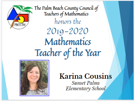 PBCCTMath's tweet photo. We are proud to announce our Teacher of the Year Elementary School Winner, Karina Cousins!  Congratulations 
@MrsCousins5 https://t.co/7t1qZlXawt