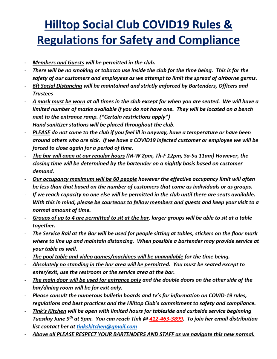 HilltopClubGbg's tweet photo. HTC Family, after extensive planning and prep we are pleased to announce we WILL be open tomorrow, Friday 6/5 at 12pm. We will need your patience and understanding to stay safe and compliant.  Please see the updated rules &amp; regulations below. We can't wait to see you at the club! https://t.co/C9l9Jf0XK2