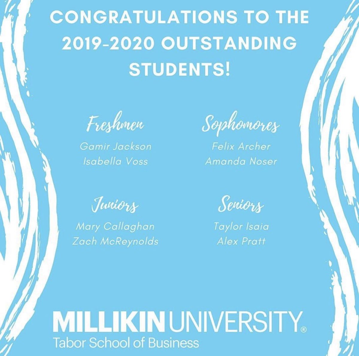 MillikinTabor's tweet photo. Every year the Tabor faculty select two students from each class who have demonstrated all-around excellence as members of the Tabor and Millikin community. Please join us in congratulating these 2019-2020 Outstanding Tabor Students! #taborperforms https://t.co/sLsZL2xn6B