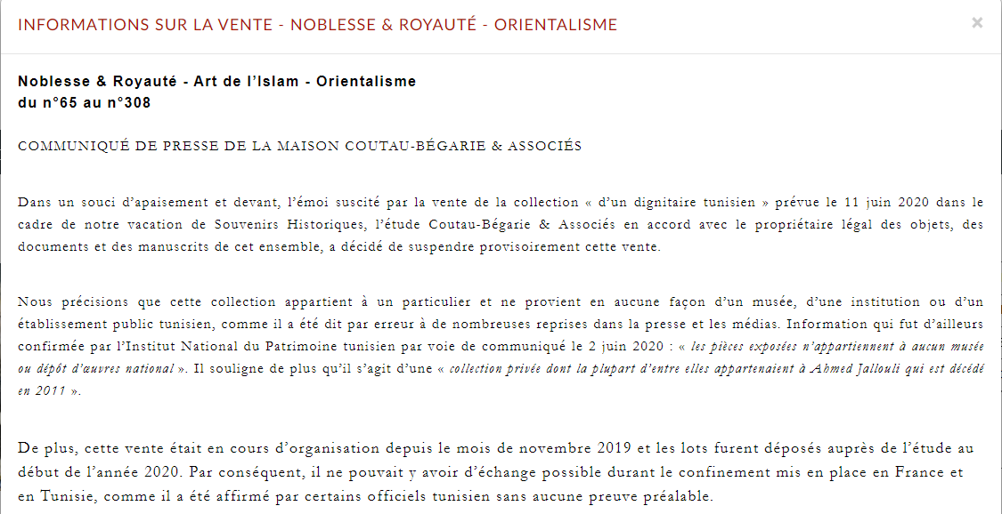 After_Eight's tweet photo. @mathieu_galtier @AAzoulay Communiqué de la maison en charge de la vente (qui la suspend donc) https://t.co/UX32stZuiv