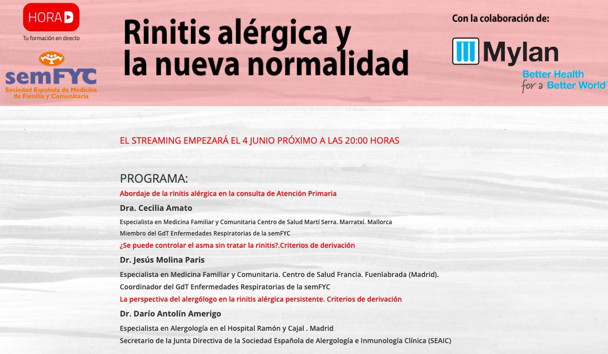 semfyc's tweet photo. 🔴Hoy no te pierdas el WEBINAR de la HORA D @semfyc🔴

👉🏻Rinitis alérgica: 
1⃣El análisis de su abordaje en la consulta de #AtenciónPrimaria 
2⃣El enfoque del alergólogo en la rinitis alérgica persistente.

Con: Jesús Molina, Cecilia Amato y Darío Antolín

https://t.co/BTxaXq2akf https://t.co/6nyDElIYpD