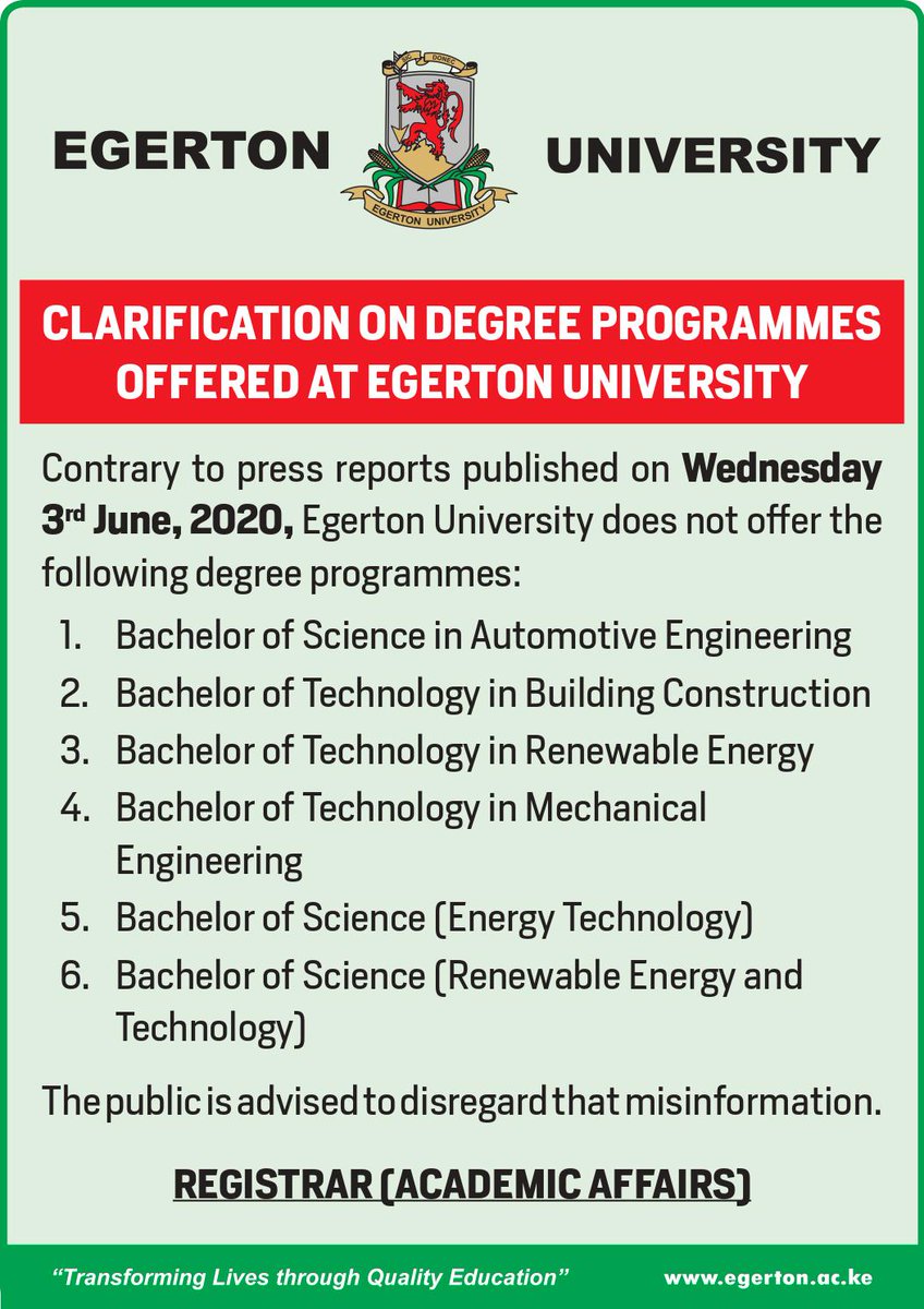 egertonunikenya's tweet photo. CLARIFICATION ON DEGREE PROGRAMMES OFFERED AT EGERTON UNIVERSITY: https://t.co/o6aYCDHaIw