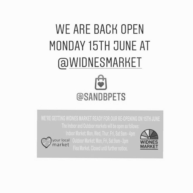 SandBpets's tweet photo. We are back open Monday 15th June @Widnes_Market deliveries will also be continuing ✨ https://t.co/laDUW4QtVW