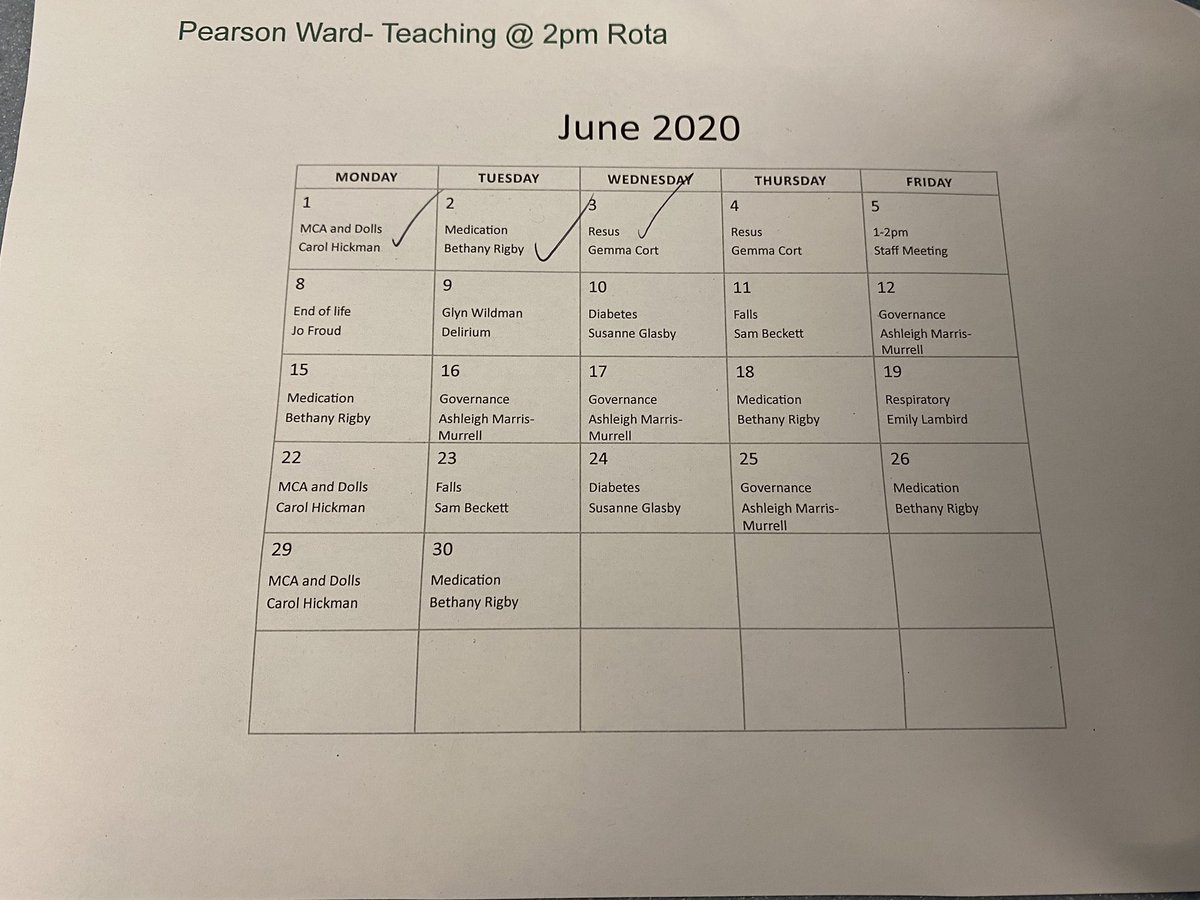 ‘Every day you learn something new’ June’s Teaching@ 2pm rota..if any specialist teams would like to share their knowledge and skills with the team for July please contact the ward (any time you can give is appreciated) 🥰 #sharingknowledge #improvingskills