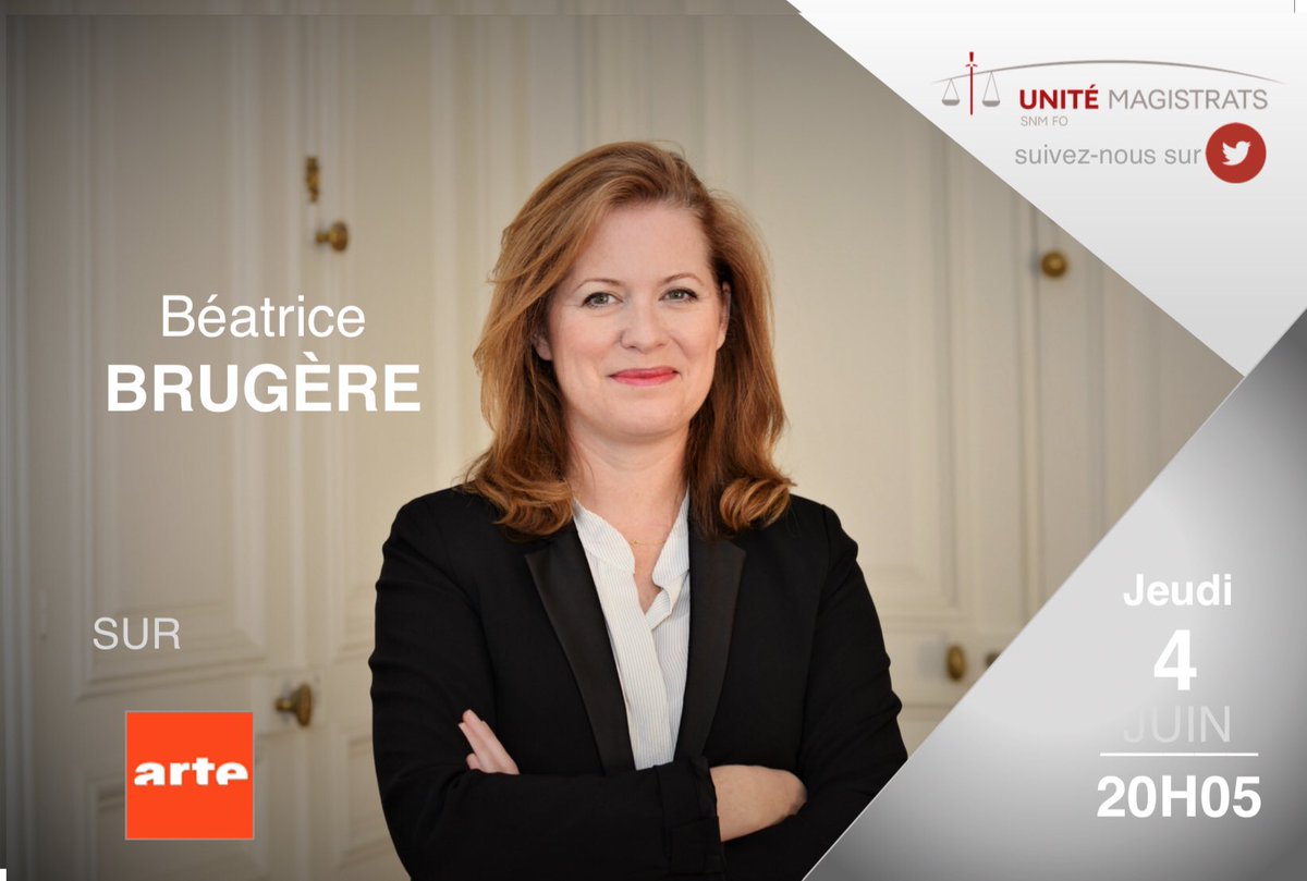 Béatrice Brugère, Secrétaire Générale du #syndicat Unité #Magistrats <a href="/SnmFo/">Unité Magistrats SNM FO</a> interviendra ce jeudi 4 juin 2020 à partir de 20h05, sur <a href="/ARTEfr/">ARTE</a> dans l’émission <a href="/28minutes/">28 minutes</a> présentée par Elisabeth Quin #Actualité #Justice #Police <a href="/force_ouvriere/">force_ouvriere</a>