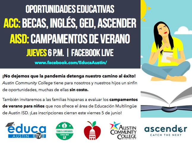 EducaAustin (@educaaustin) on Twitter photo Hoy platicaremos con <a href="/accdistrict/">ACC District 🦇</a> y <a href="/AISDMultilingue/">AISD Multilingual Ed</a> de campamentos, becas, clases de inglés, GED, etc. ¡Acompáñanos en la página de Facebook de <a href="/EducaAustin/">EducaAustin</a>! Hoy platicaremos con <a href="/accdistrict/">ACC District 🦇</a> y <a href="/AISDMultilingue/">AISD Multilingual Ed</a> de campamentos, becas, clases de inglés, GED, etc. ¡Acompáñanos en la página de Facebook de <a href="/EducaAustin/">EducaAustin</a>!