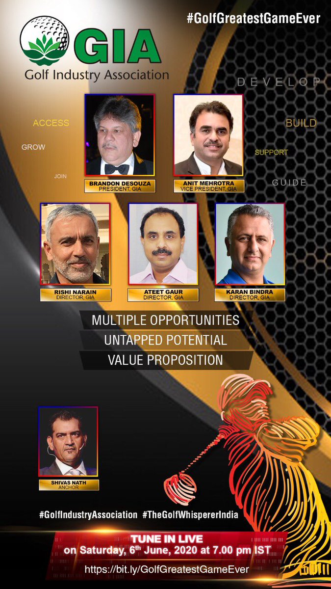 Get to know the GIA... Our story, our motivation, our efforts, our driving force... We strive as a team to Growing Golf in India, to presenting ourselves as a serious Industry! Sat, 6 June 7pm  bit.ly/GolfGreatestGa… <a href="/BDS_Golfguru/">Brandon de Souza</a> <a href="/karanbindragolf/">Karan Bindra</a> <a href="/RishiNarain82/">Rishi Narain</a> <a href="/AteetAteetgaur/">Ateet Gaur</a>