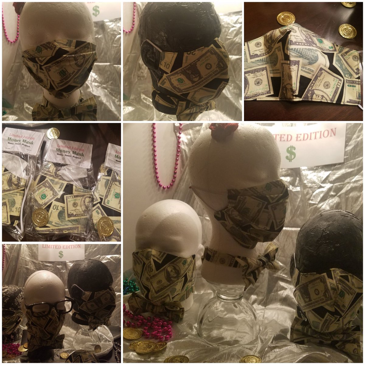 Money Mask...Limited Edition.  Mo Money, Mo Power, Mo Respect! Wishing you abundance of health,  wealth and prosperity! cspeaks2011@hotmail.com 
Only three money bowties left.