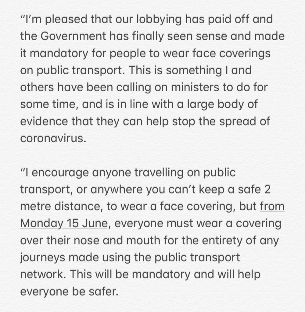 BethRigby's tweet image. .@SadiqKhan says he’s pleased govt “finally seen sense” on face coverings.  “This is something I and others have been calling on ministers to do for some time”