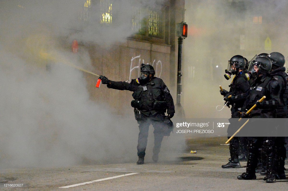 PEPPER SPRAYThe most common is handheld from bottles that are handheld to fire extinguisher sized. The spray is usually white or orange.Attaching images of police using pepperspray in Memphis, Minneapolis & Boston. Also Defense Technology's line of peppersprays.