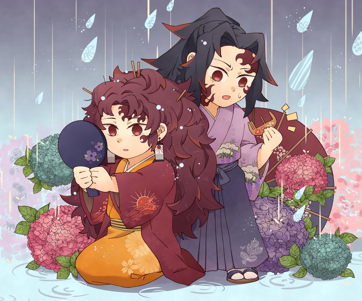 hand mirror flower hydrangea rain japanese clothes long hair black hair  illustration images