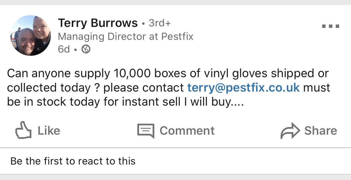PaddingtonShort's tweet photo. Who is Daniel England?
Or terry burrows? 
And what is their experience in PPE?
And why are they sourcing gloves on LinkedIn?
@BondHack https://t.co/qR537T05mO