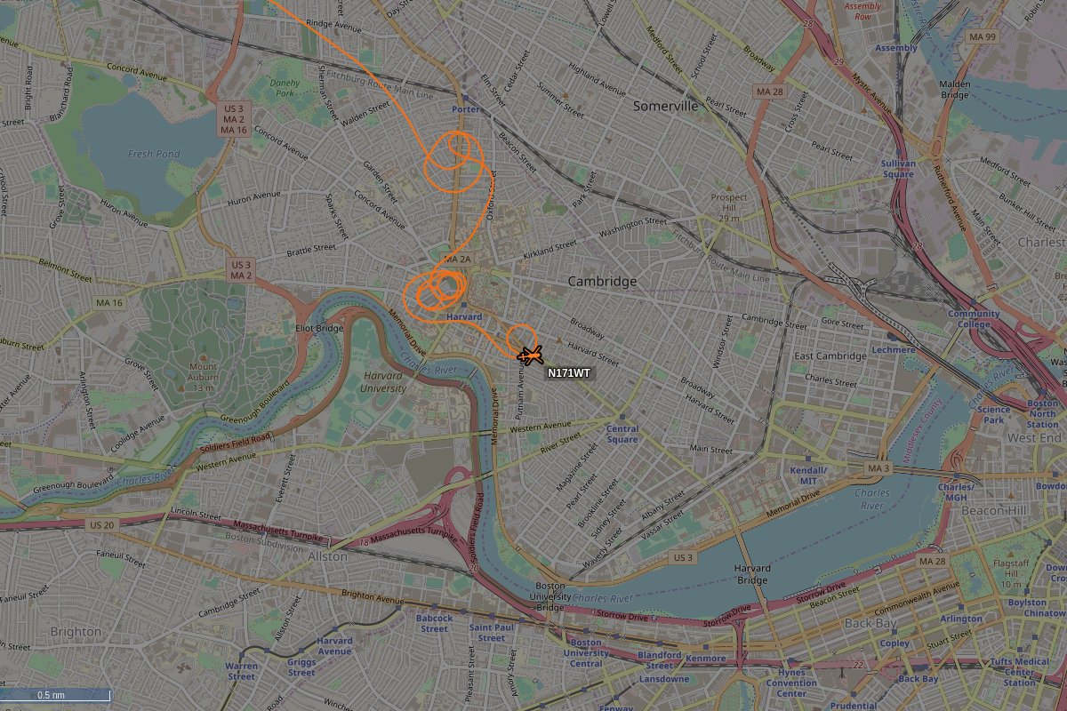 SkyCirclesBOS's tweet photo. N171WT, a 2009 Robinson Helicopter R44, is circling over Neighborhood Nine, Cambridge at 700 feet, speed 66 MPH, squawking 0220, 0.05 miles from Baker Alumni Center #N171WT https://t.co/PoApZrS51P https://t.co/1Rsmnl8CPq
