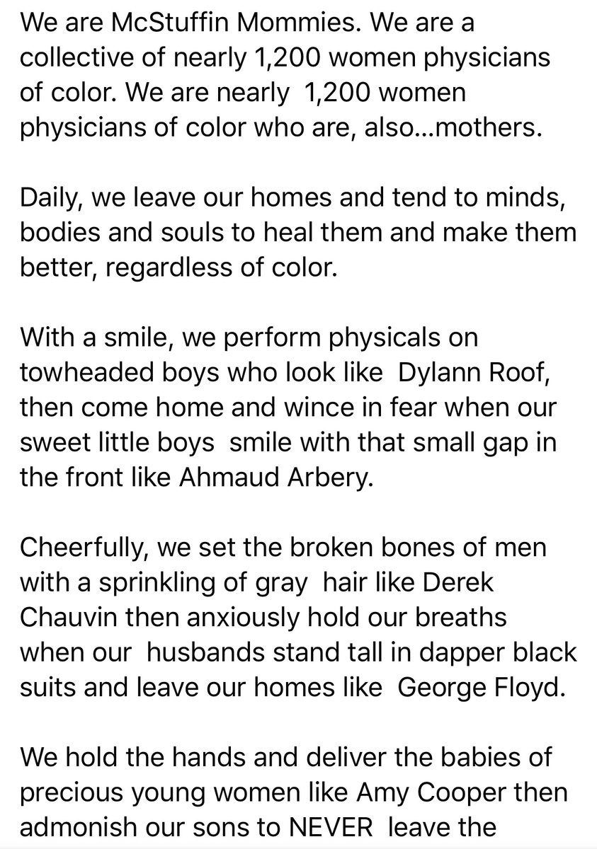 doctimes2's tweet photo. "For 8 minutes and 46 seconds we saw, but most of all we heard. 114 words. Two pierced our souls. Two cries for Mama..." We are 1200 physician moms of color and this is our statement: #McStuffinMommies #GeorgeFloyd https://t.co/0zggON95Qa