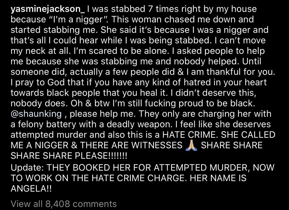 YourAnonOne's tweet photo. Michael Jackson's niece was stabbed 7 times by a racist woman. It is unacceptable. https://t.co/021SRHvgb3