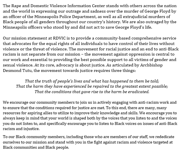 RDVICWV's tweet photo. Please click to view RDVIC's statement on the murder of George Floyd and anti-black racism in full. This thread will also contain the entire statement. #BlackLivesMatter https://t.co/bRMzs6OeHQ