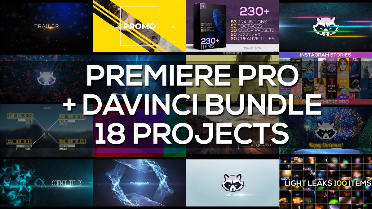 NioMotion's tweet photo. https://t.co/ChWWLAvxII
Premiere Pro + DaVinci Resolve Bundle is an awesome collection of 8 PP projects, 2 PP Glitch Preset Packs, 7 DR projects &amp; 100 light leaks pack!
#niomotion #premierepro #trailer #titles #videotemplate #bundle #sale #discount #pack #youtube #twitch #blog https://t.co/FuGpoKiGnQ