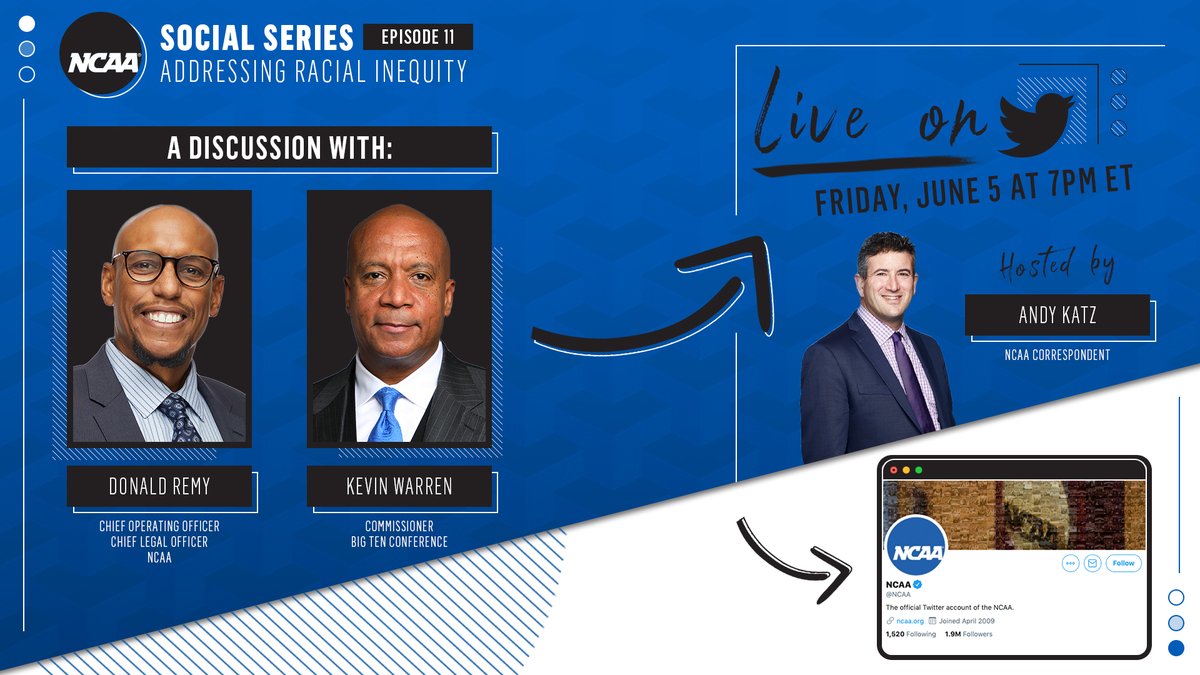 NCAA's tweet photo. 𝐍𝐂𝐀𝐀 𝐒𝐨𝐜𝐢𝐚𝐥 𝐒𝐞𝐫𝐢𝐞𝐬 | 𝐄𝐩 𝟏𝟏 | 𝐅𝐫𝐢 𝟕𝐩𝐦 𝐄𝐓
𝘈𝘥𝘥𝘳𝘦𝘴𝘴𝘪𝘯𝘨 𝘙𝘢𝘤𝘪𝘢𝘭 𝘐𝘯𝘦𝘲𝘶𝘢𝘭𝘪𝘵𝘺

College sports are not immune to these issues. NCAA COO Donald Remy, @BigTen Commish Kevin Warren discuss in this week’s episode. https://t.co/uULHDJCnJ8