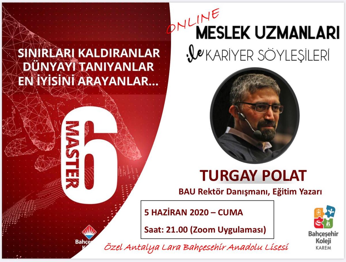 BahcesehirLara's tweet photo. Kariyer ve Rehberlik Söyleşileri kapsamında Bahçeşehir Üniversitesi Rektör Danışmanı ve Eğitim Yazarı Turgay Polat ; ''Kariyer Planlama, Sınav süreci, Geleceğin Meslekleri ve Sınav Motivasyonu'' başlıklarını değerlendirmek üzere velilerimiz ile bir araya geliyor. https://t.co/9tFmvkSBbX