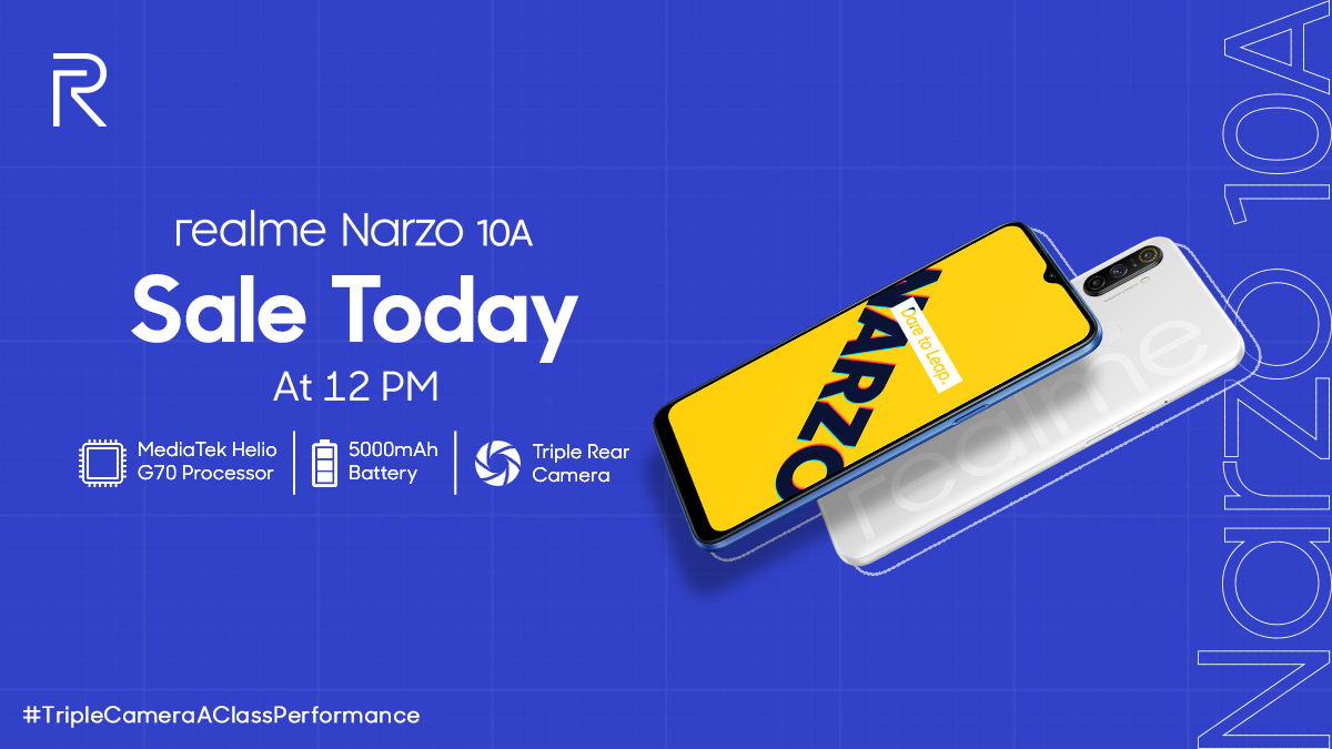 realmeIndia's tweet photo. With the best features in the segment for Young Players, #realmeNarzo10A offers more with #TripleCameraAClassPerformance.
Sale starts today at 12 PM on https://t.co/HrgDJTHBFX and @Flipkart.
Know more: https://t.co/jjJ1zxWuoq https://t.co/r7o6tfdeoJ