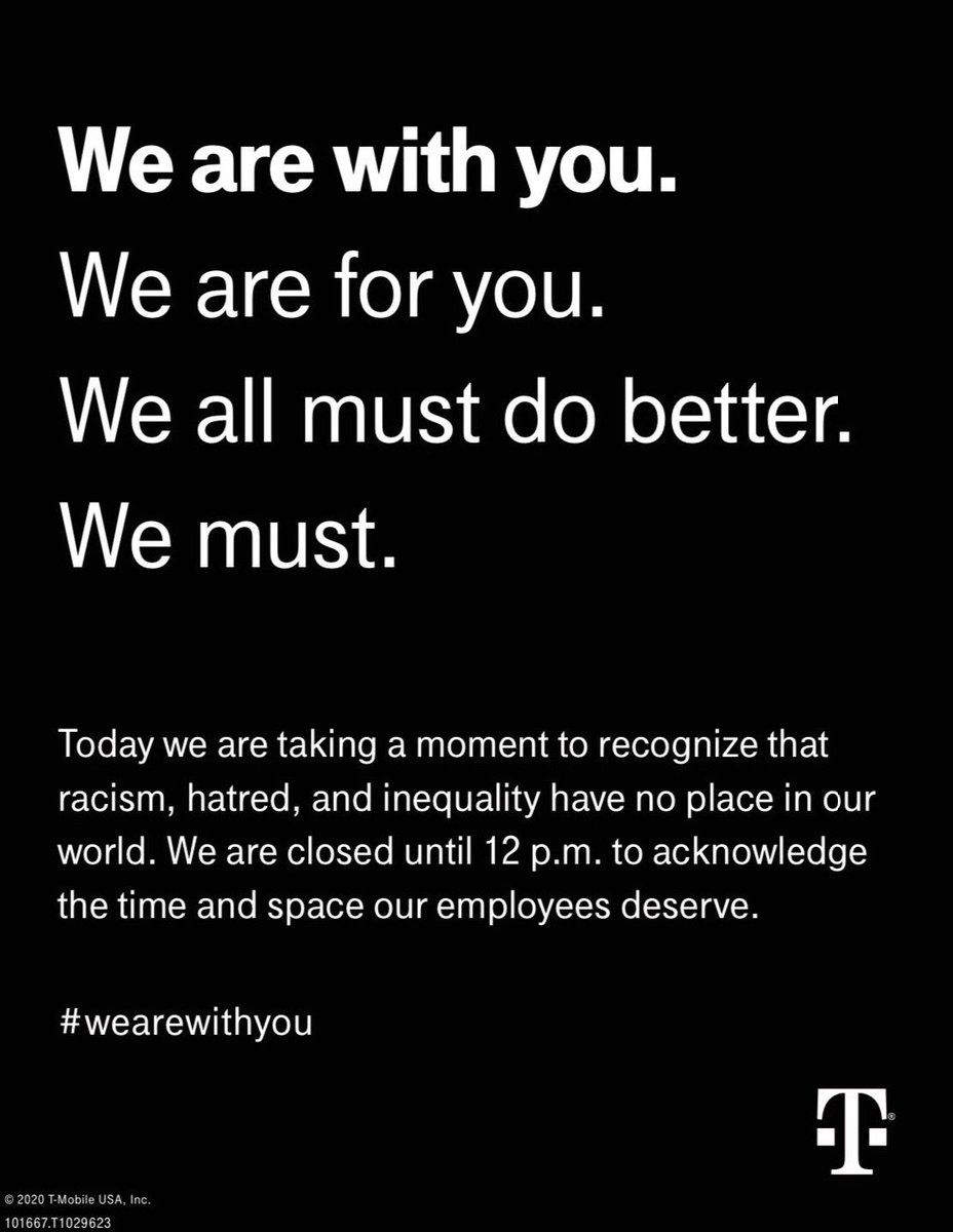 I am proud to work for ⁦<a href="/TMobile/">T-Mobile</a>⁩ and all of our influential, inspiring, progressive leaders who seek to promote change and equality for all.  #WeAreWithYou #BlackLivesMatter