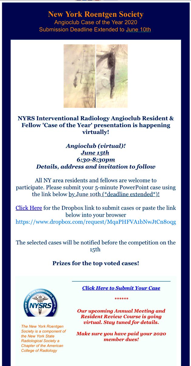 NYRS IR Angioclub Virtual ‘Case of the Year’

Please submit your 5 min ppt case to dropbox.com/request/MqaPHF… submissions extended to June 10th. Selected cases will be notified before the event on the 15th! 

6/15 6:30-8:30pm. Invitation to follow. 
Prizes for the top voted cases!