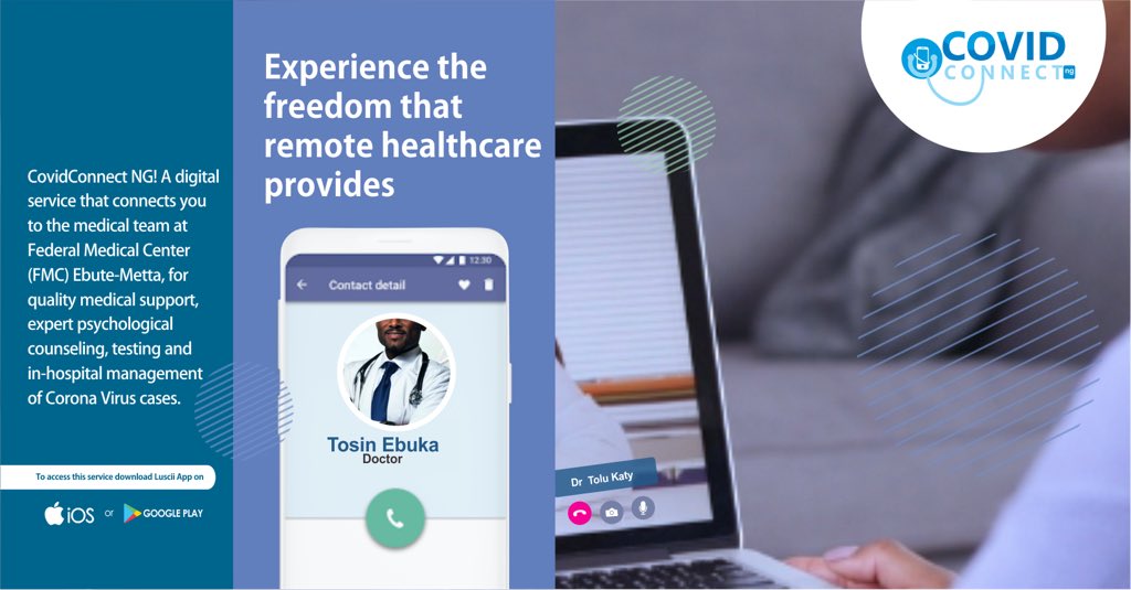 DrZobo's tweet image. As part of their response to this global challenge, the Federal Medical Centre, Ebute Metta along with the @PharmAccessNIG and #Luscii Technologies, have developed a COVID19 screening and monitoring digital service – the COVID Connect Centre.
#CovidConnectNg