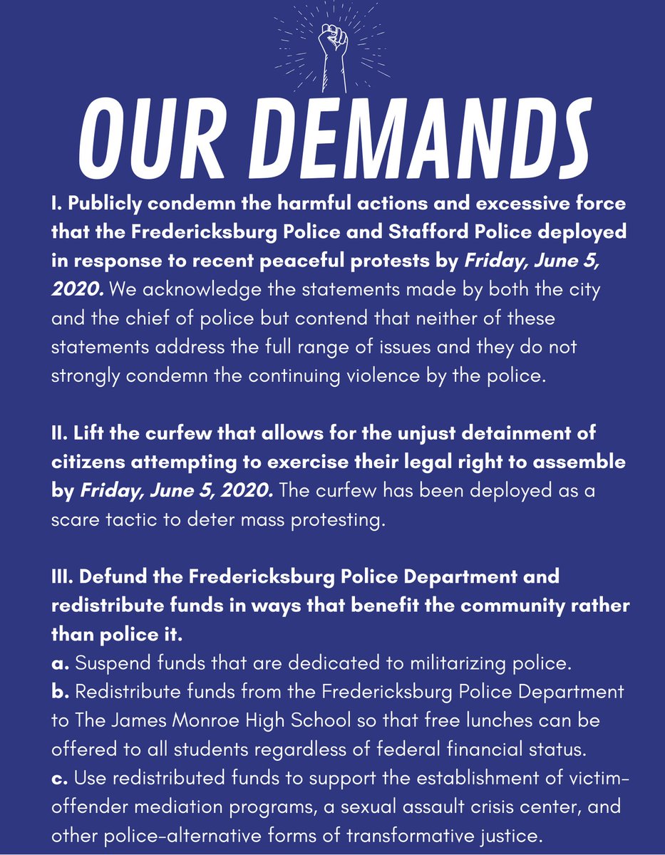 FXBGCollective's tweet photo. Here are our demands. We ask that the leaders of the City of Fredericksburg answer them with compassion and diligence. Read them here! https://t.co/6LJ0IODjPh