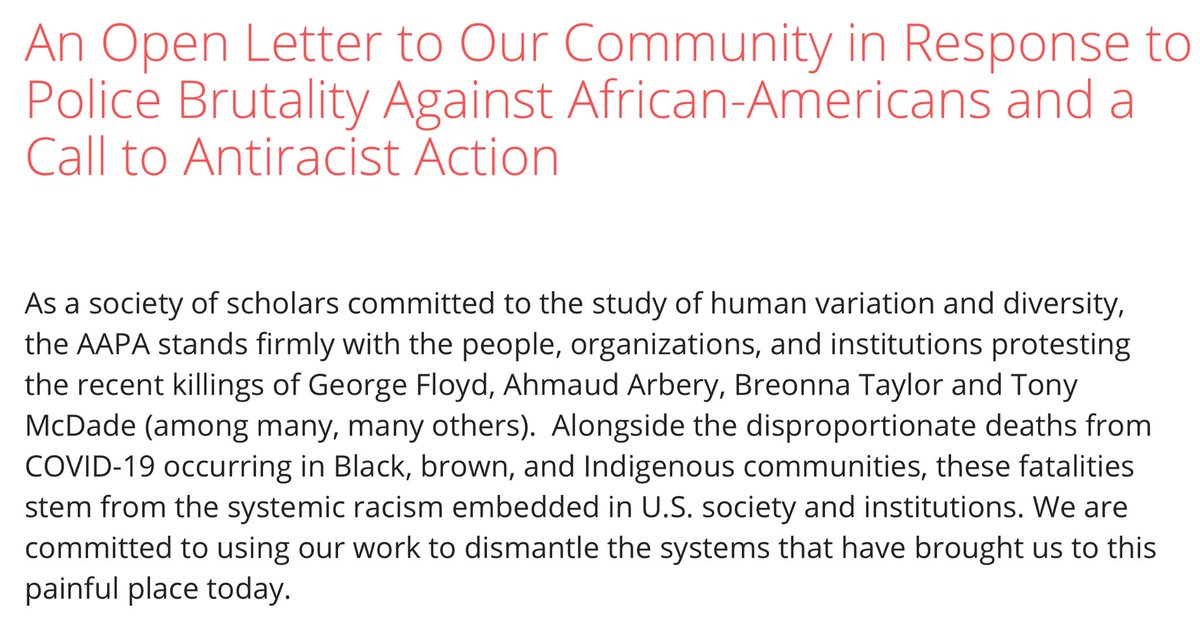 BiologicalAnth's tweet photo. The AAPA calls upon our anthropology community to work against police brutality and anti-Black racism. In order to have any credibility and effect change, we need to have accountability and action within our own profession. 

#BlackLivesMatter

https://t.co/zIWaQioQem https://t.co/2NrMXG0gGI