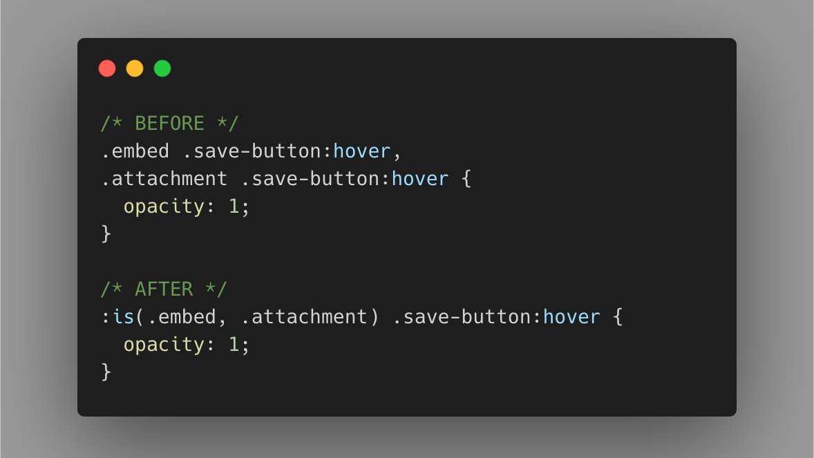 WebPlatformNews's tweet photo. CSS :is() and :where() are coming to browsers https://t.co/bPA4W5IA5l https://t.co/DPU8D4bN7i