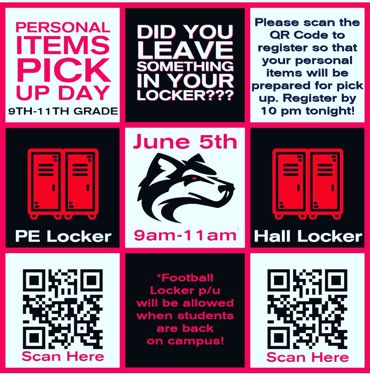Did u have items in ur locker or PE locker? Tomorrow is pick-up day! Register 4 ur items here! bit.ly/2Xyp1az