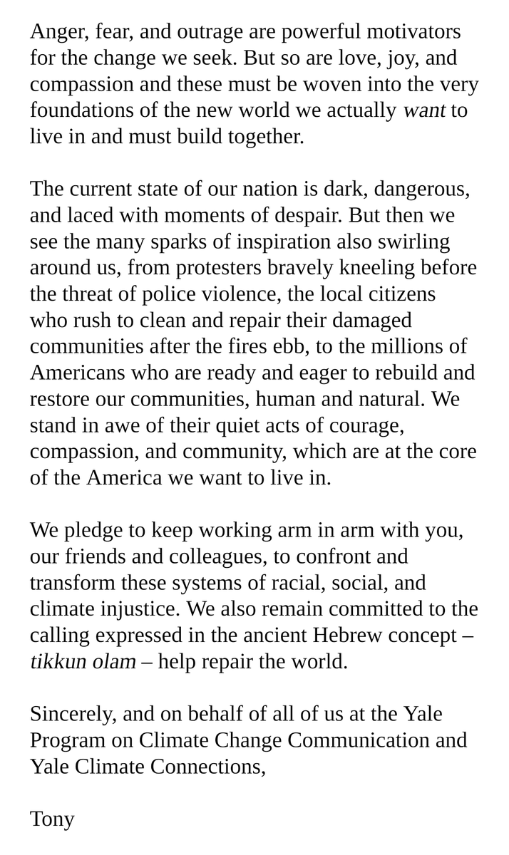 YaleClimateComm's tweet photo. A statement from our director Anthony Leiserowitz. Black lives matter. https://t.co/Ba2gqnYzRn