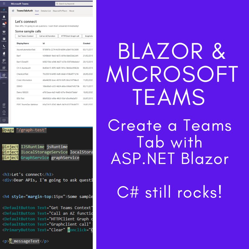 thomyg's tweet photo. #Blazor in #MicrosoftTeams - How to create a #Teams tab with Blazor including authentication, the current Teams context and an example call to #MirosoftGraph. Next up, publishing the code on #Github @MicrosoftTeams #SPDevWeekly @m365pnp @Microsoft365Dev #Csharp still rocks! https://t.co/niFxMVkFXY