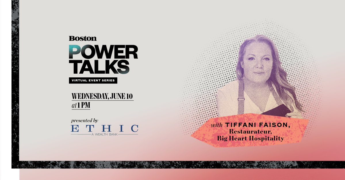 BostonMagEvents's tweet photo. Join us for a live chat with Restaurateur Tiffani Faison of Big Heart Hospitality on Wednesday, June 10th at 1 PM presented by ETHIC, a Wealth Bank. Register here: https://t.co/lV9Bo5YlBo #PowerTalks https://t.co/7z8GyArHZ5