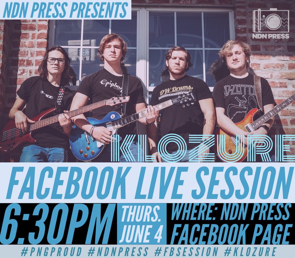 NDNPress's tweet photo. π¨ATTN NDN NATION: Tonight, NDN Press presents our first Facebook Live Session concert, featuring the band, Klozure. Watch it live (https://t.co/wturrD0aBR) and support the talent we have at PN-G. ππΈπΌπ₯
πΊ: 6:30 p.m.
#PNGproud #NDNPress #FBSession #Klozure https://t.co/yJpho6wkqd