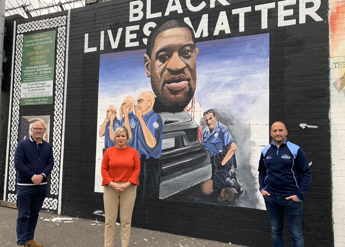 moneillsf's tweet photo. Visiting the new mural under way by community groups in West Belfast in solidarity with the Black Lives Matter movement.

Whether it is in Ireland or the US - an injustice to one, is an injustice to all. 

Racism must be eradicated. https://t.co/7QcgGGgpVi