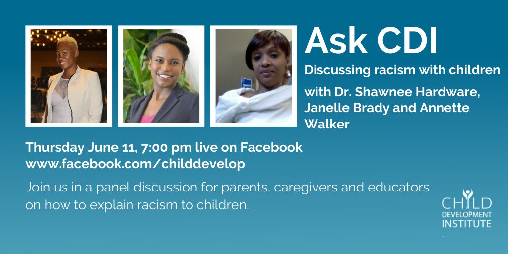 Please join us next Thursday for our #AskCDI event live on FB! Our panelists will be discussing how to explain #racism to children. <a href="/kidsmentalhlth/">CMHO</a> <a href="/georgehullcentr/">George Hull Centre for Children & Families</a> <a href="/YorktownFamily/">Yorktown</a> <a href="/CTYS_Youth/">CTYS</a> <a href="/youthlinkto/">YouthLink</a> @SensationalSha8 <a href="/Janelle_Brady_/">Janelle Brady, PhD</a> #childrensmentalhealth #kidscantwait
