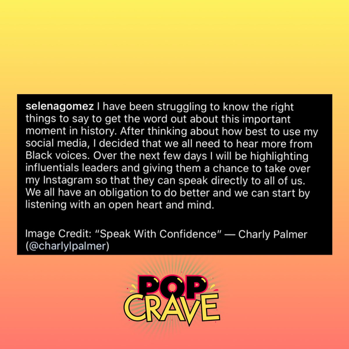 PopCrave's tweet photo. .@SelenaGomez is inviting influential black voices to take over her Instagram platform for the new few days:

“We all have an obligation to do better and we can start by listening with an open heart and mind”. https://t.co/lvZPM8S8Ww