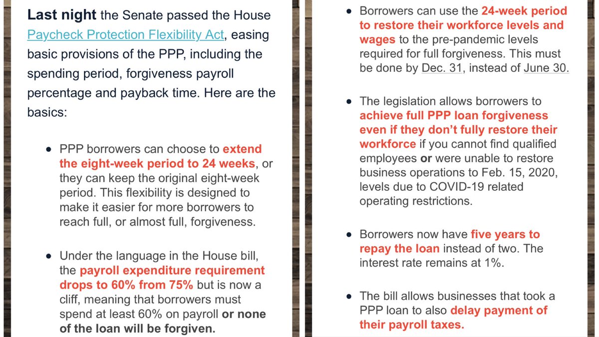 Portland_Beer's tweet image. Hello to my fellow small biz owner friends. Last night the Senate passed the House Paycheck Protection Flexibility Act, easing basic provisions of the PPP, including the spending period, forgiveness payroll percentage &amp;amp; payback time. Talk to your accountants. Here’s the basics: